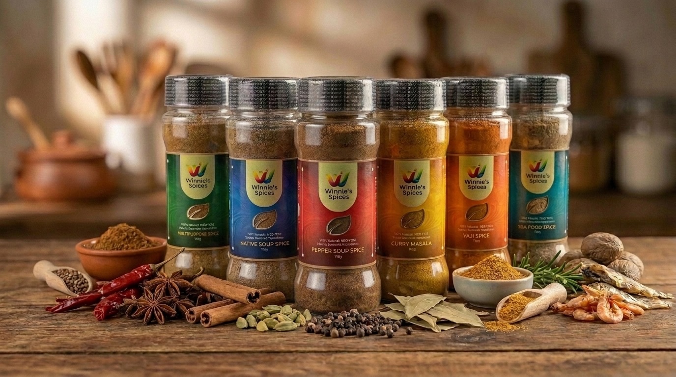 The Winnie's Spices line-up in a row on a wooden table, surrounded by whole peppers, star anise, cinnamon and cardamom